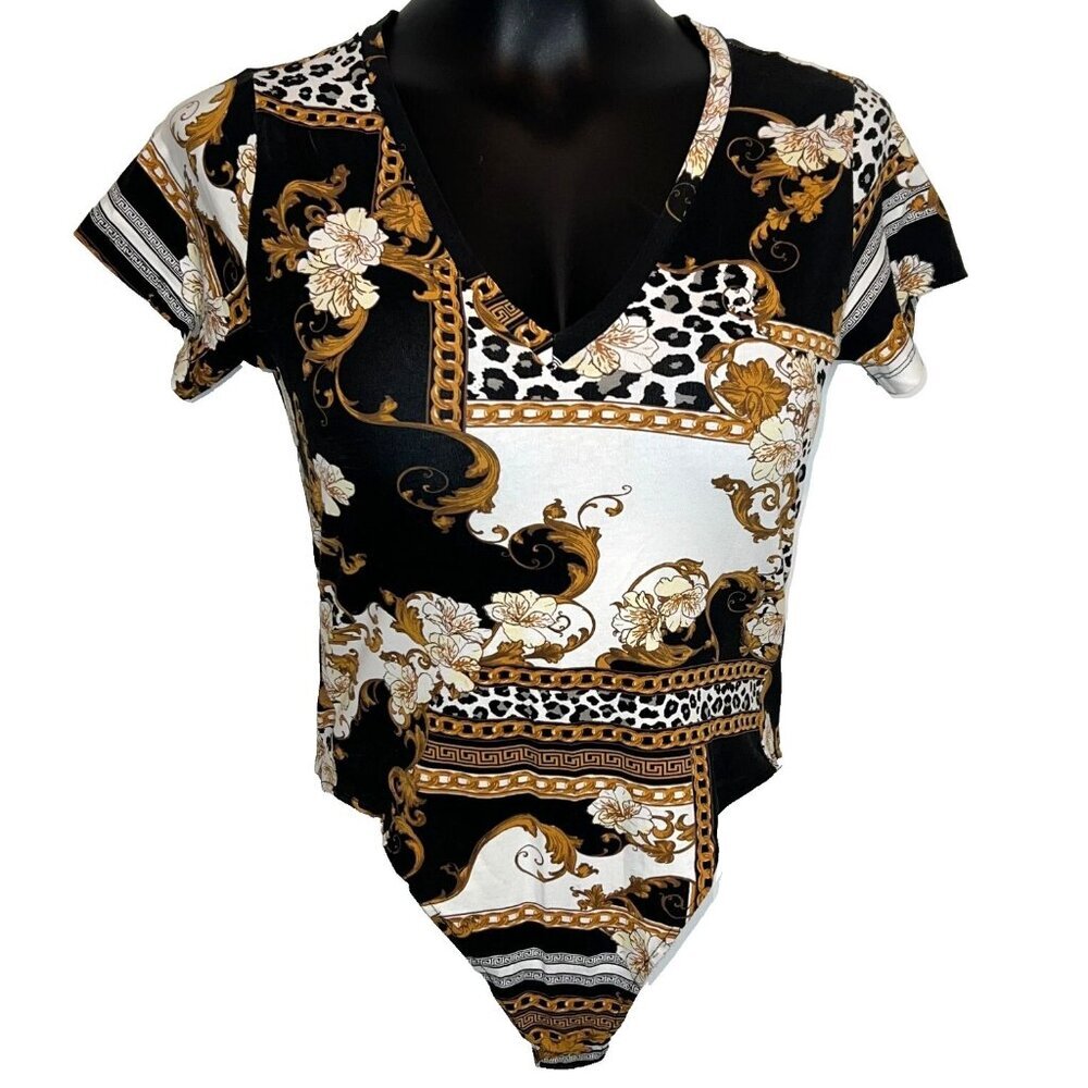 Guess Women's Size L Bodysuit Cheetah Regency Print Short Sleeve Thong Snaps